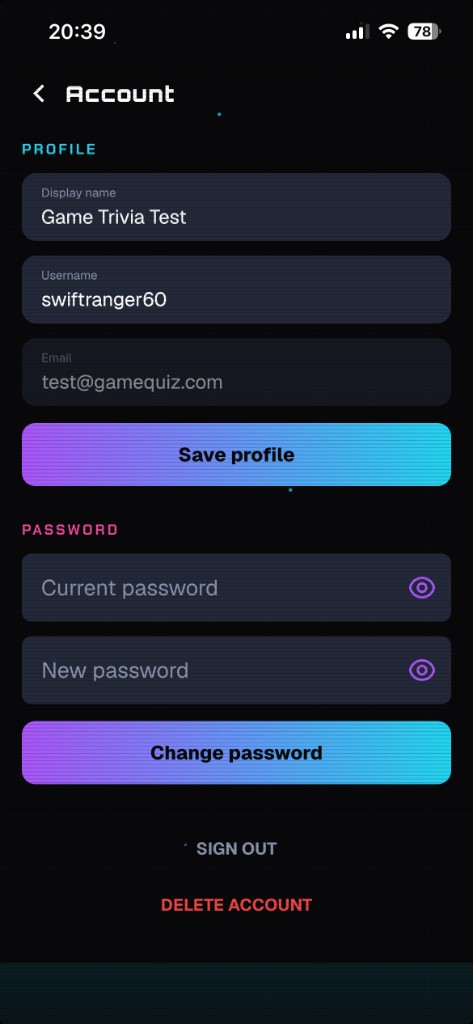 GameQuiz Account screen with the Delete Account action at the bottom
